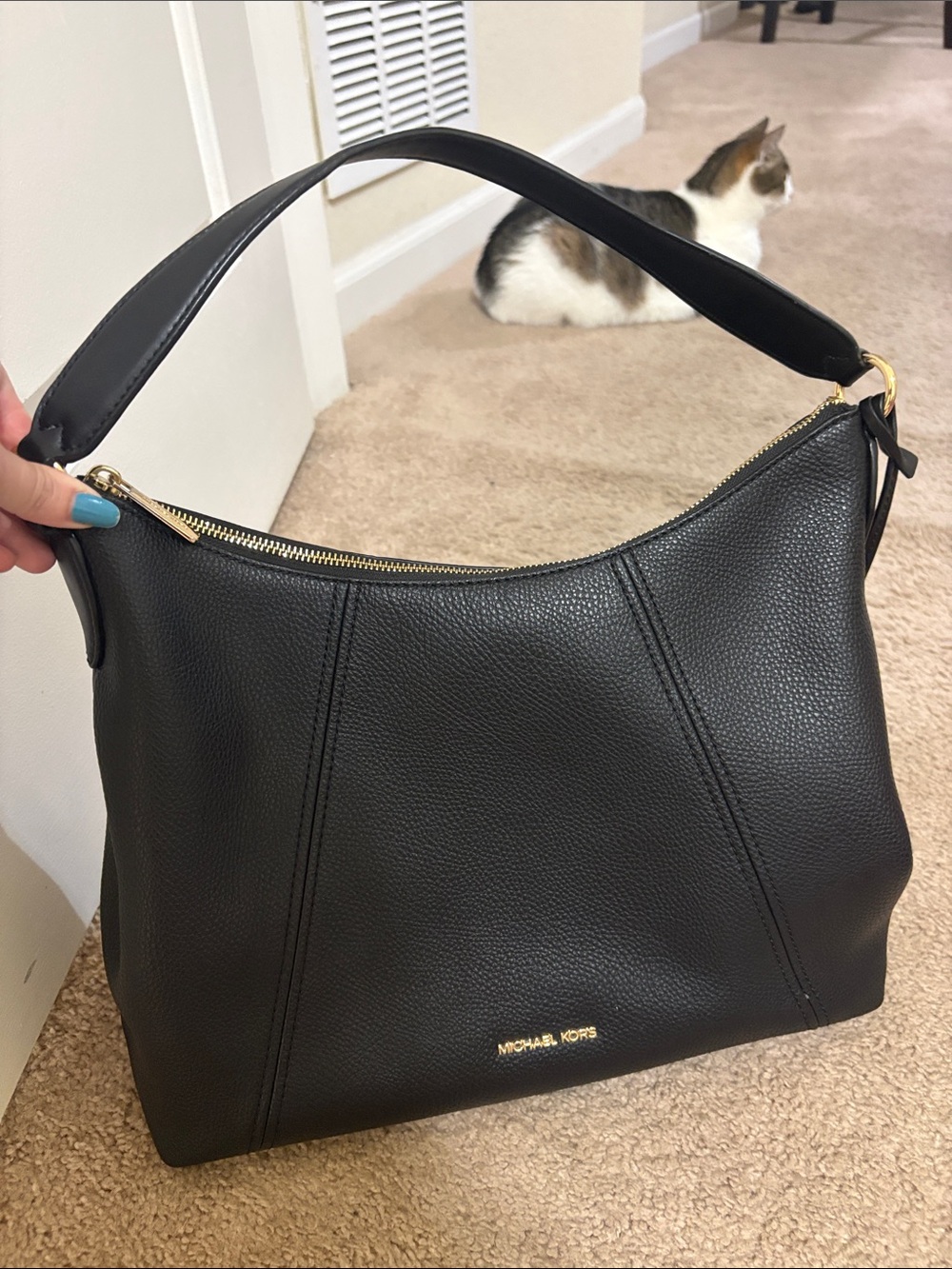 Michael Kors Black Pebbled Leather Shoulder Bag with Gold Hardware